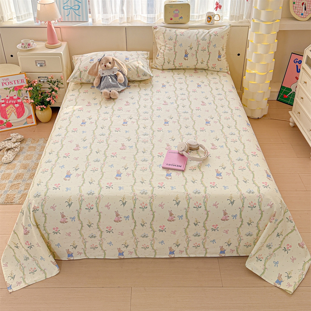 名兮家居 2026新款全棉A类卡通简约时尚老粗布床单 藤蔓兔