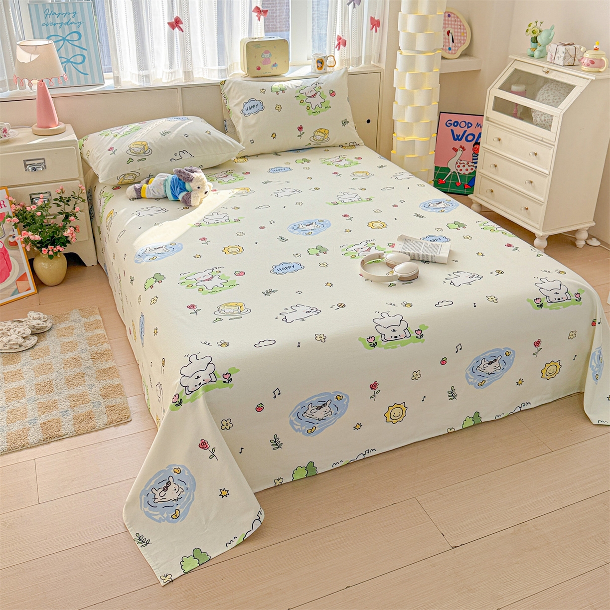 91家纺网 家纺一手货源 找家纺 名兮家居 2026新款全棉A类卡通简约时尚老粗布床单 休闲时光