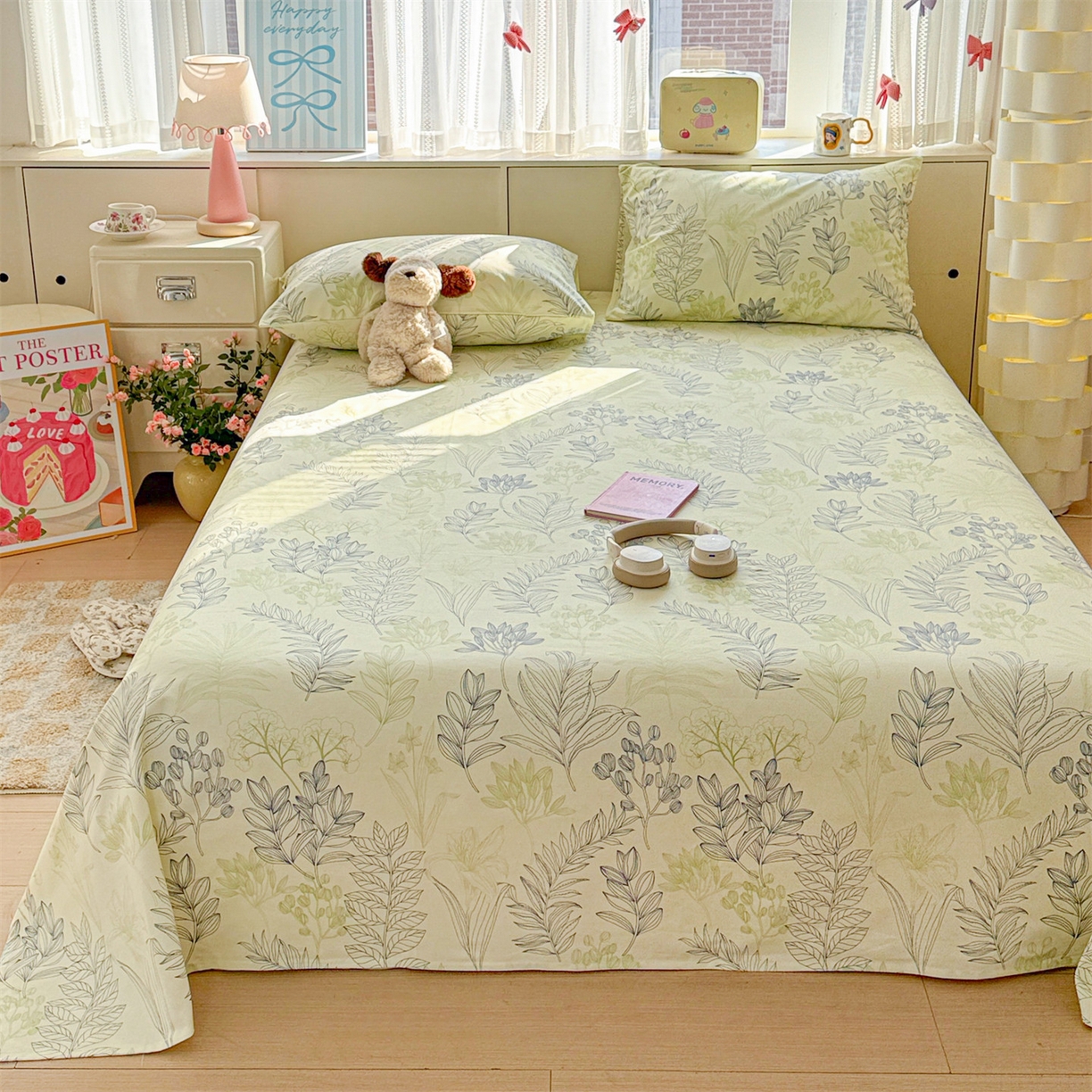 91家纺网 家纺一手货源 找家纺 名兮家居 2026新款全棉A类卡通简约时尚老粗布床单 繁花-绿