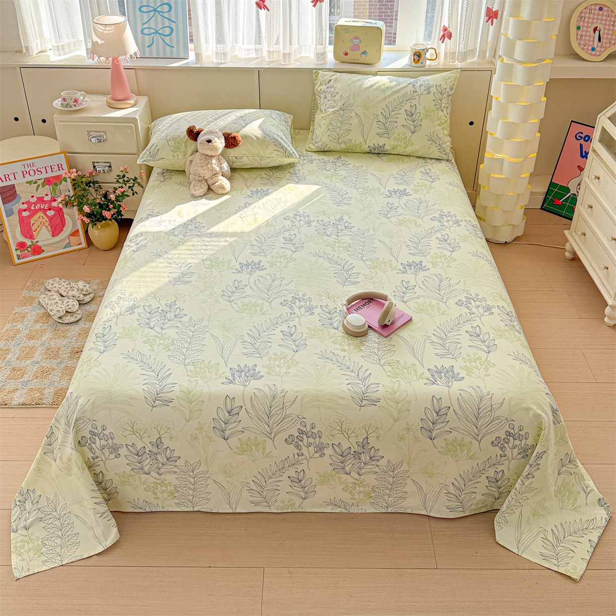 名兮家居 2026新款全棉A类卡通简约时尚老粗布床单 繁花-绿