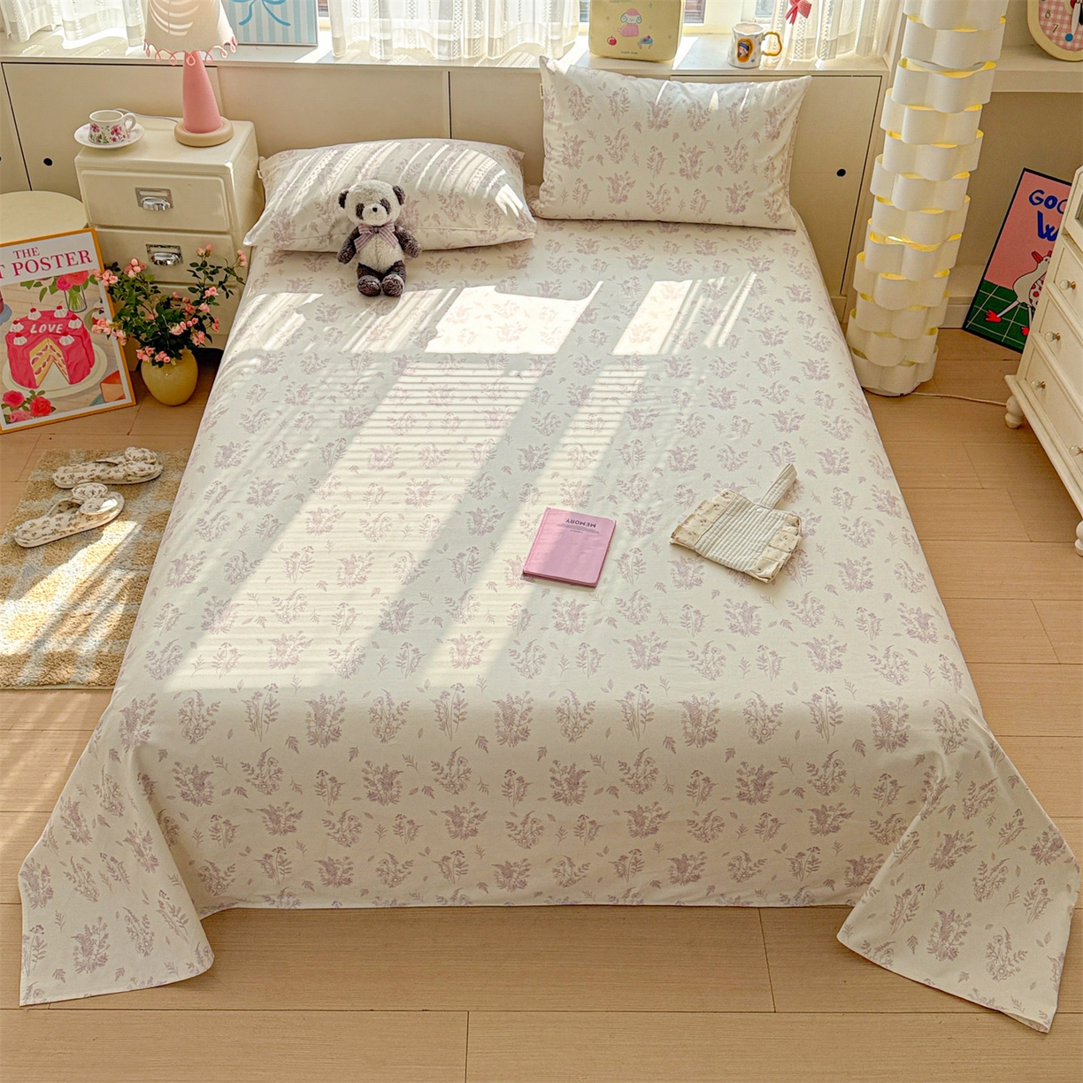 名兮家居 2026新款全棉A类卡通简约时尚老粗布床单 紫雾