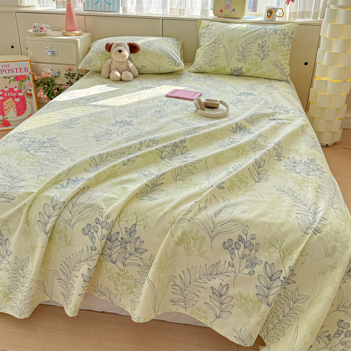 91家纺网 家纺一手货源 找家纺 名兮家居 2026新款全棉A类卡通简约时尚老粗布床单 繁花-绿