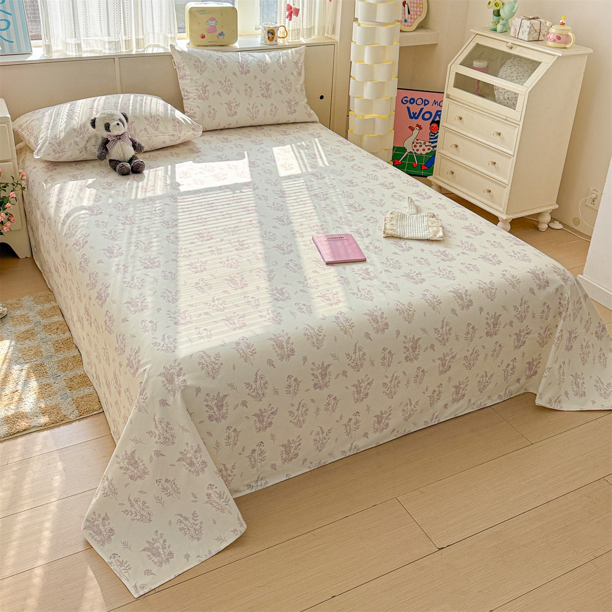 91家纺网 家纺一手货源 找家纺 名兮家居 2026新款全棉A类卡通简约时尚老粗布床单 紫雾