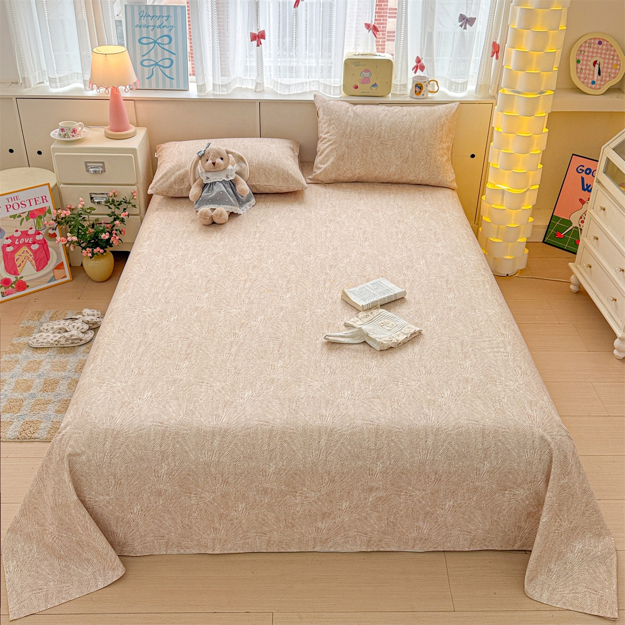 名兮家居 2026新款全棉A类卡通简约时尚老粗布床单 麦浪织纹