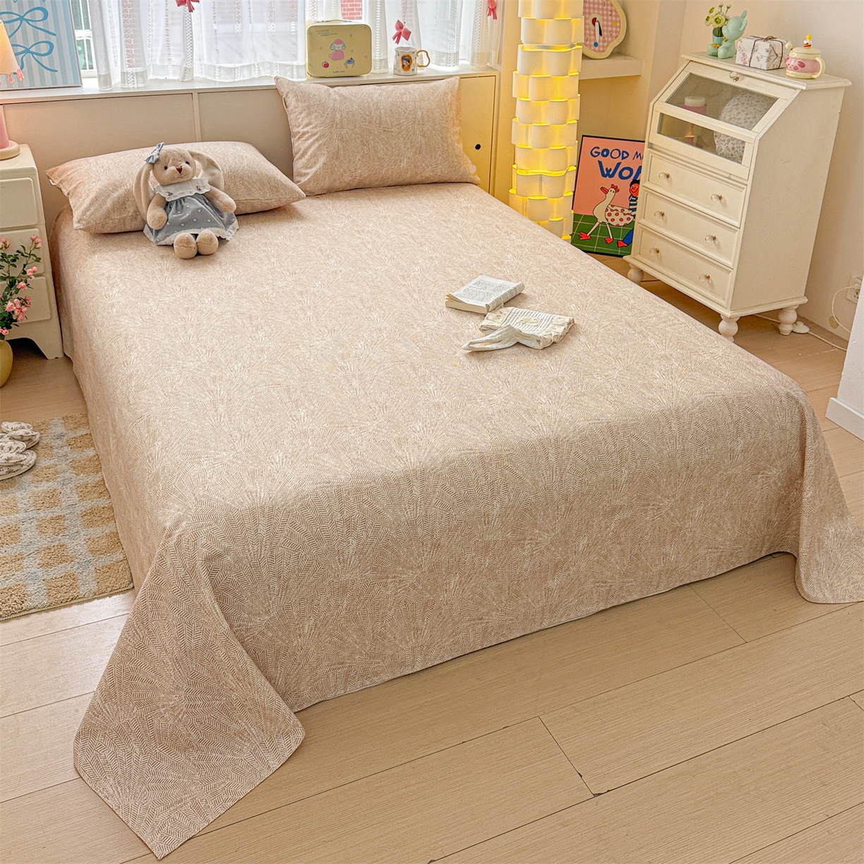 91家纺网 家纺一手货源 找家纺 名兮家居 2026新款全棉A类卡通简约时尚老粗布床单 麦浪织纹