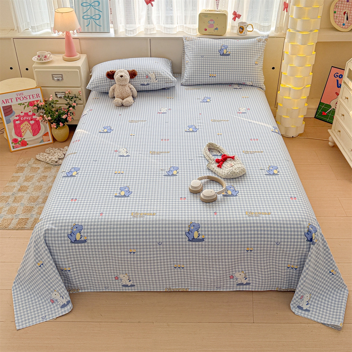 名兮家居 2026新款全棉A类卡通简约时尚老粗布床单 蓝格龙宝