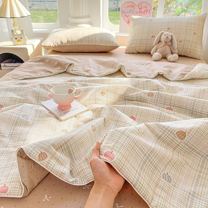 91家纺网 家纺一手货源 找家纺 金喜 2026新款100%里外全棉夏被夏被四件套 南瓜派