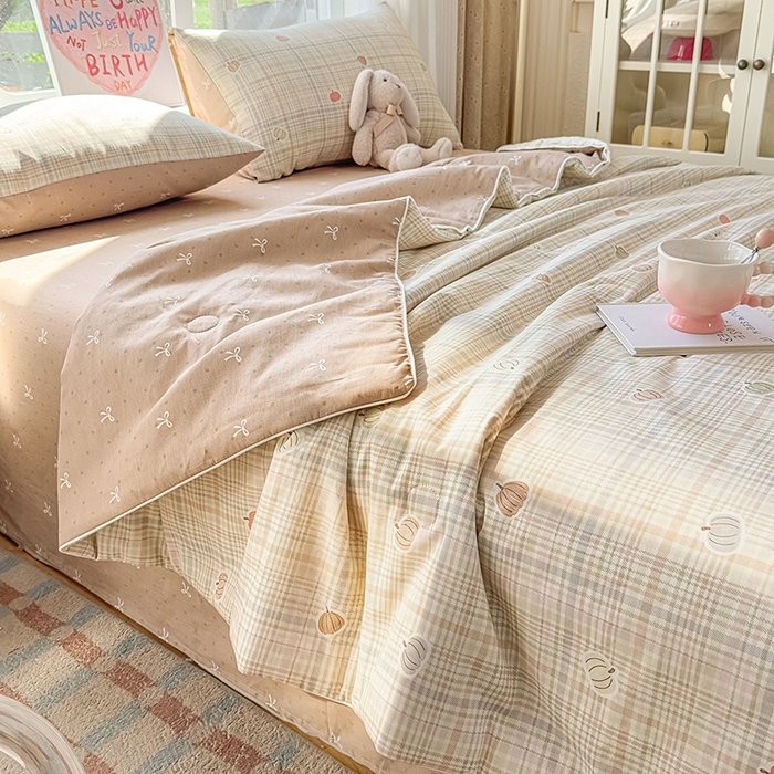 91家纺网 家纺一手货源 找家纺 金喜 2026新款100%里外全棉夏被夏被四件套 南瓜派