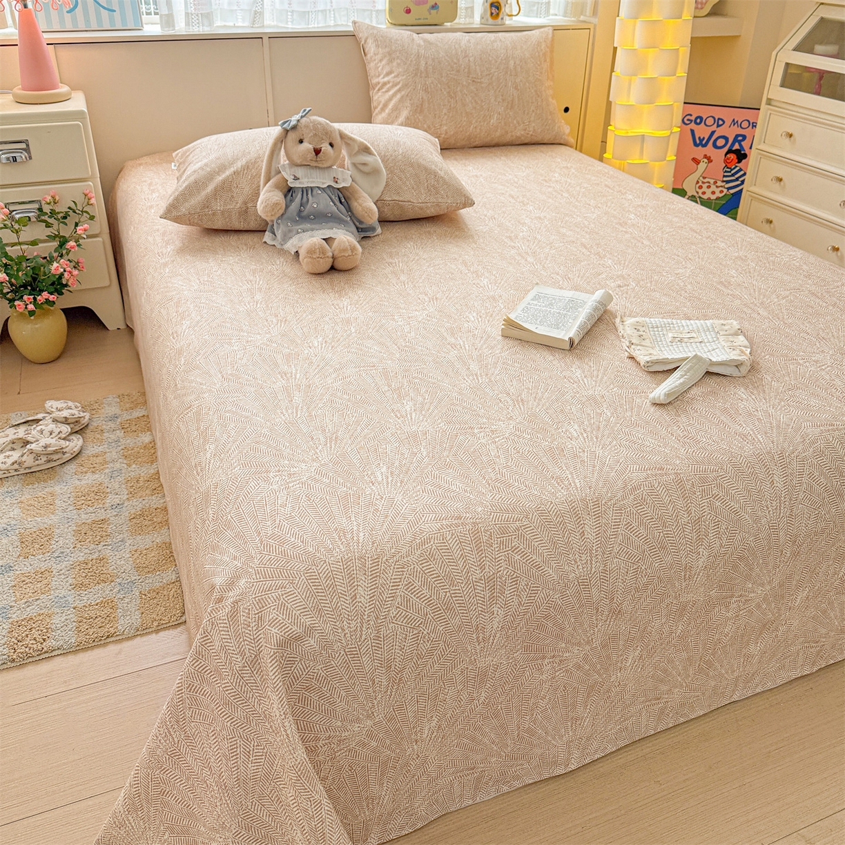 91家纺网 家纺一手货源 找家纺 名兮家居 2026新款全棉A类卡通简约时尚老粗布床单 麦浪织纹