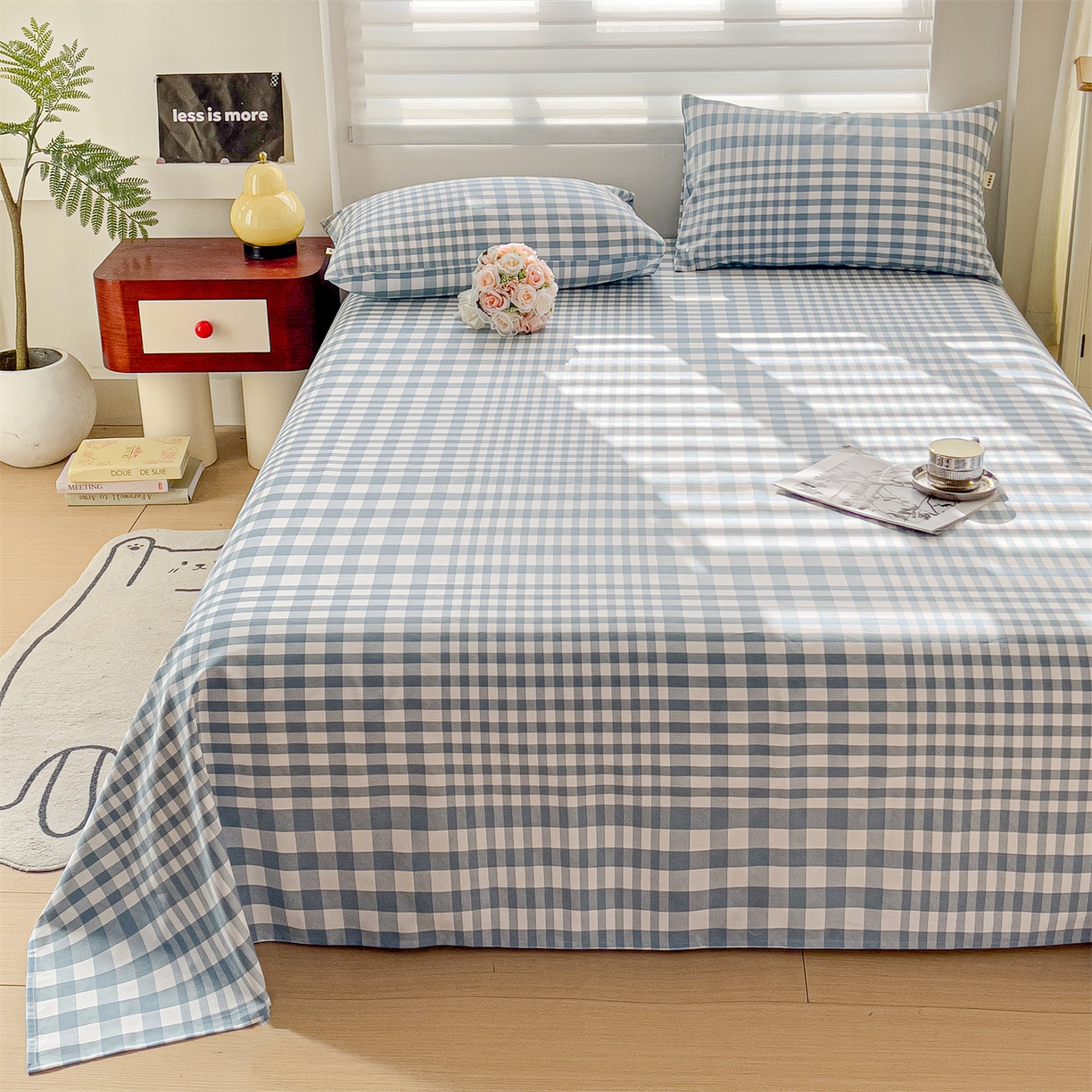 91家纺网 家纺一手货源 找家纺 名兮家居 2026新款全棉A类卡通简约时尚老粗布床单 蓝小格