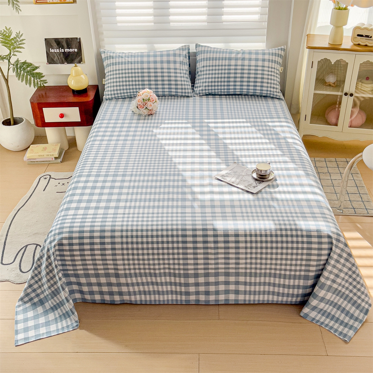 名兮家居 2026新款全棉A类卡通简约时尚老粗布床单 蓝小格