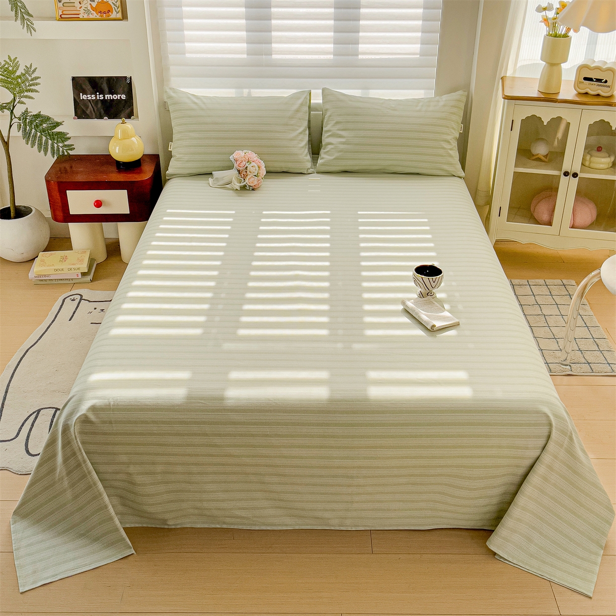 名兮家居 2026新款全棉A类卡通简约时尚老粗布床单 条纹绿