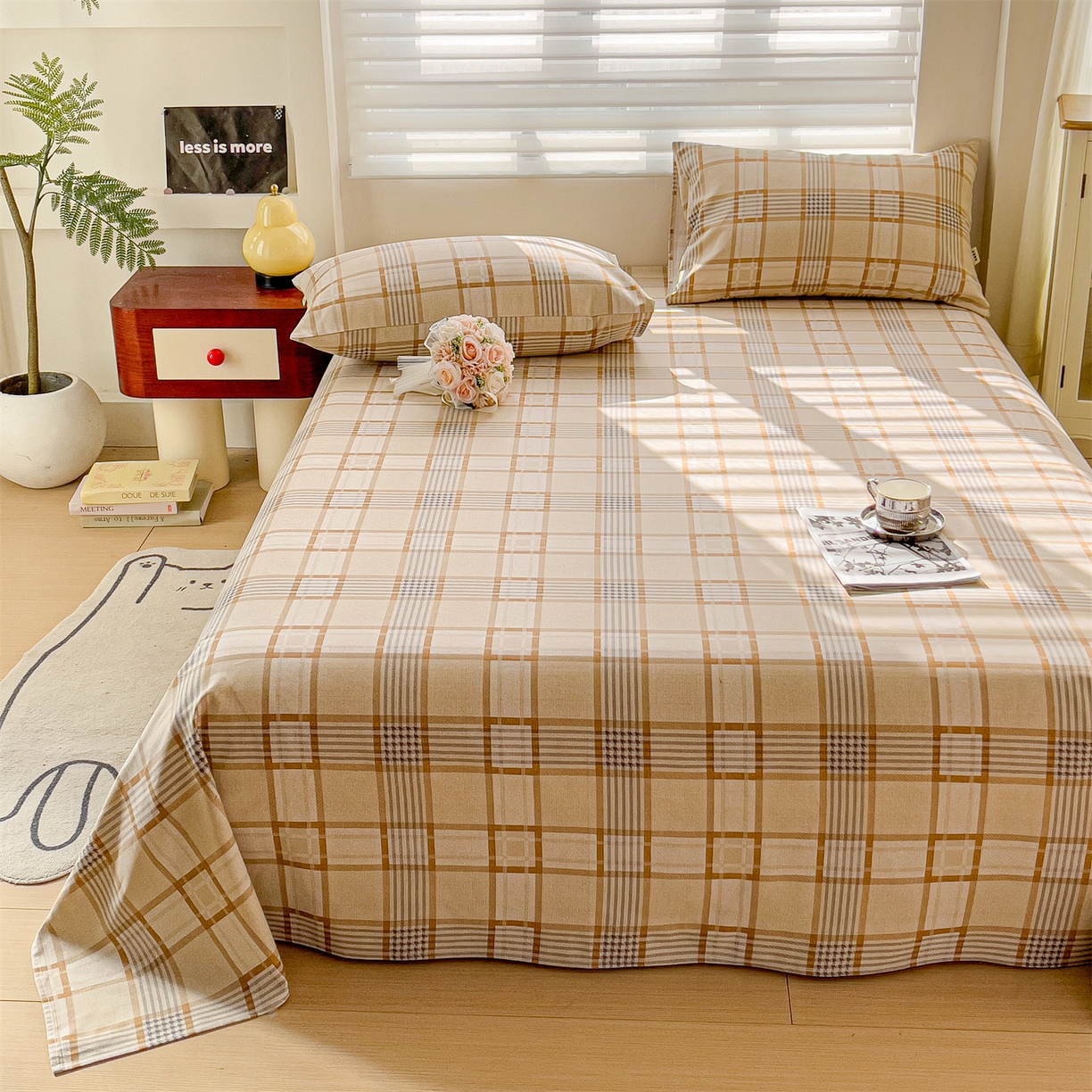 91家纺网 家纺一手货源 找家纺 名兮家居 2026新款全棉A类卡通简约时尚老粗布床单 简约格