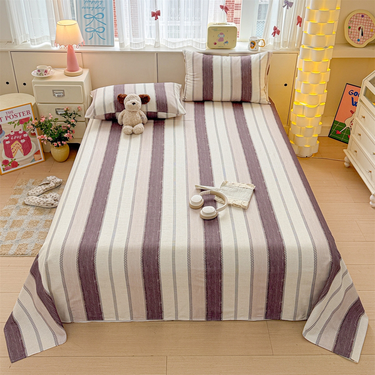 名兮家居 2026新款全棉A类卡通简约时尚老粗布床单 竖条咖