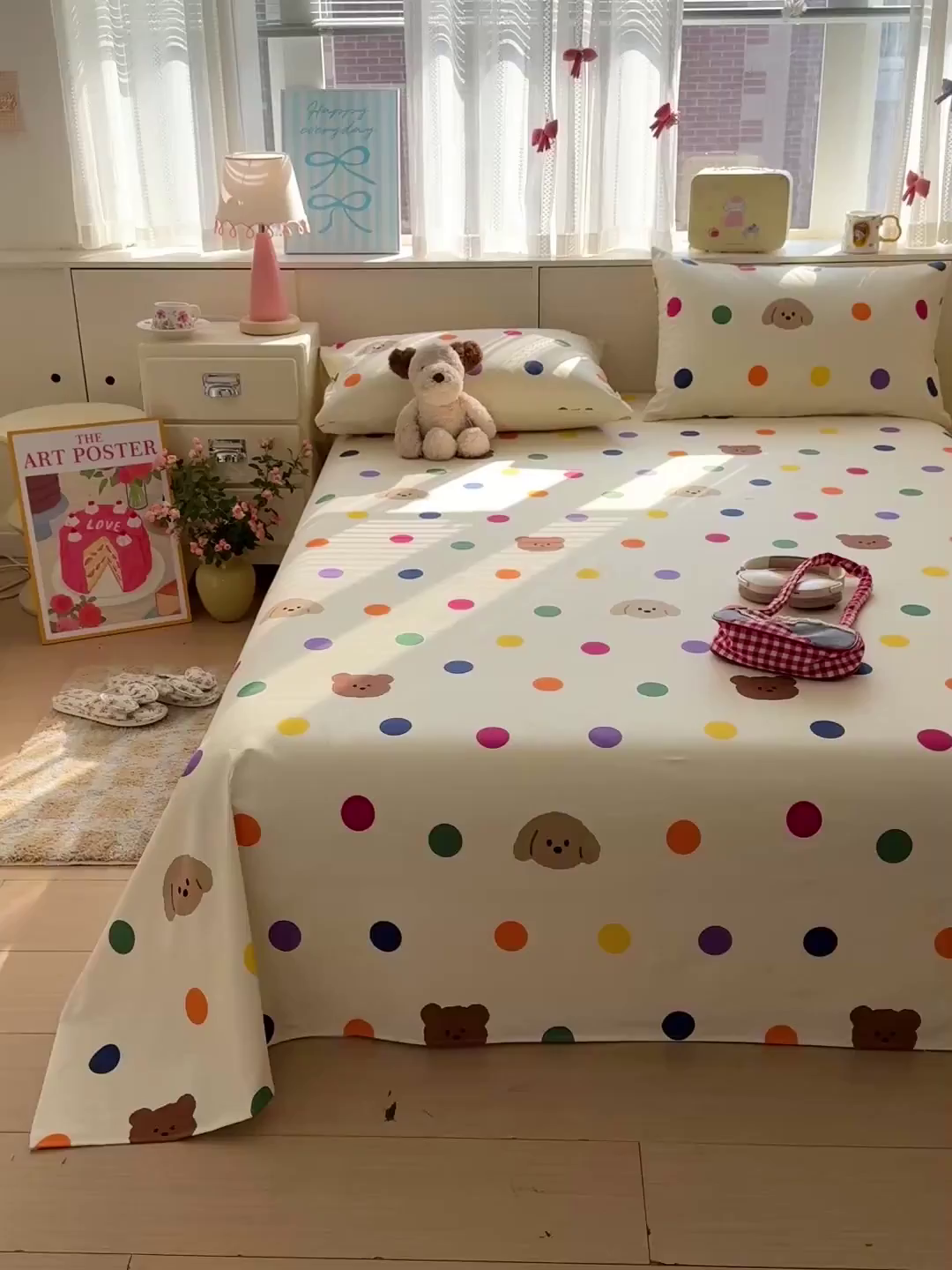 91家纺网 家纺一手货源 找家纺 名兮家居 2026新款全棉A类卡通简约时尚老粗布床单 彩色点点熊