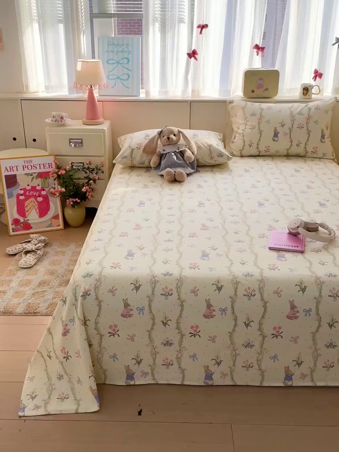 91家纺网 家纺一手货源 找家纺 名兮家居 2026新款全棉A类卡通简约时尚老粗布床单 藤蔓兔