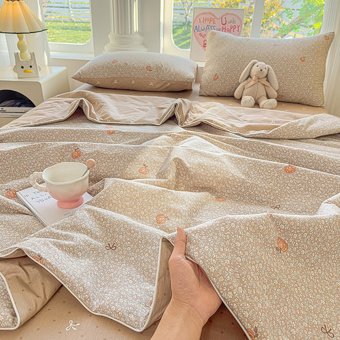 91家纺网 家纺一手货源 找家纺 金喜 2026新款100%里外全棉夏被夏被四件套 碎花拾影-咖