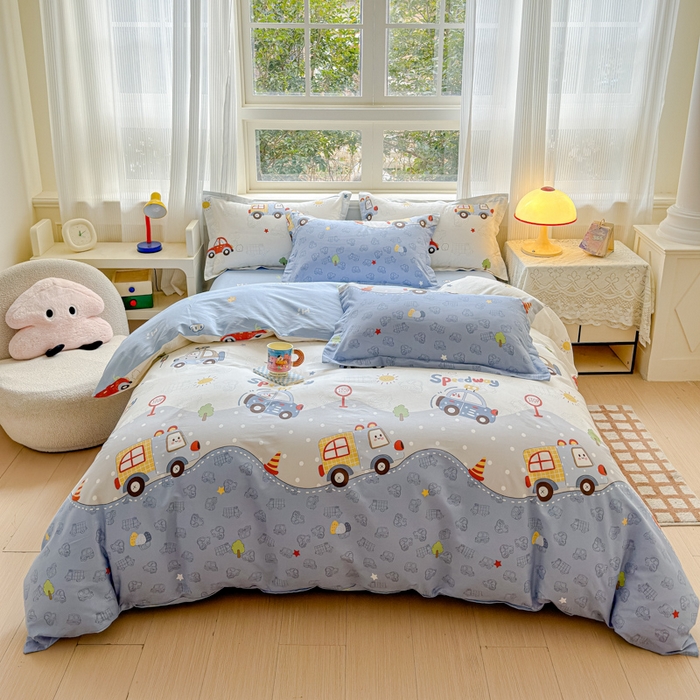 91家纺网 家纺一手货源 找家纺 U品汇 2026新品纯棉全棉印花四件套小清新卡通花卉13070喷气 车车环游记