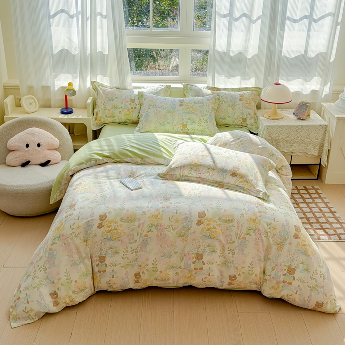 91家纺网 家纺一手货源 找家纺 U品汇 2026新品纯棉全棉印花四件套小清新卡通花卉13070喷气 春游手记