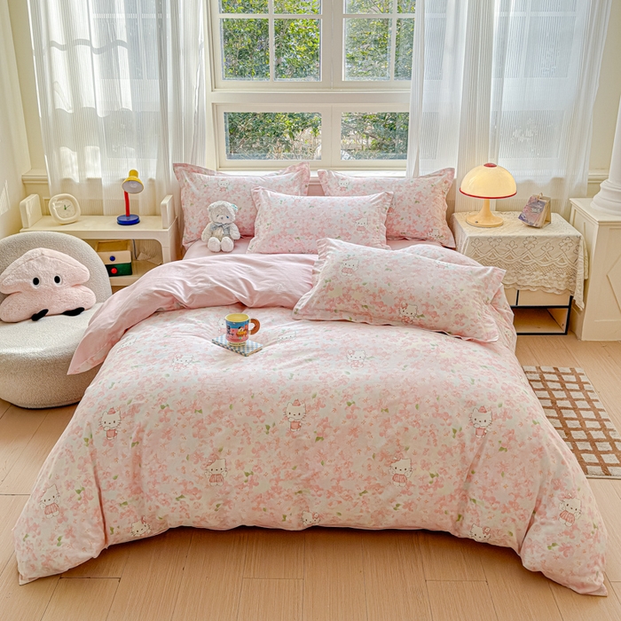 91家纺网 家纺一手货源 找家纺 U品汇 2026新品纯棉全棉印花四件套小清新卡通花卉13070喷气 粉樱喵喵