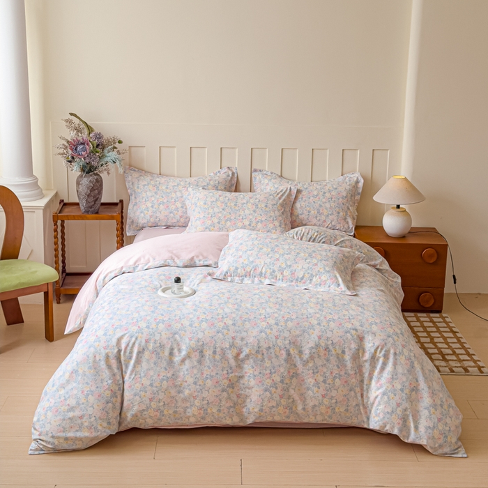 91家纺网 家纺一手货源 找家纺 U品汇 2026新品纯棉全棉印花四件套小清新卡通花卉13070喷气 岚花绪-灰