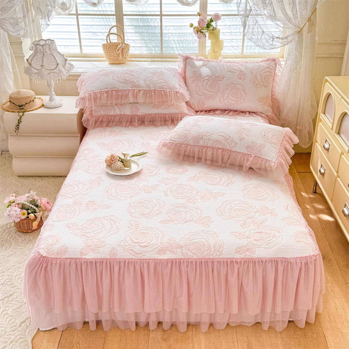 （总）优贝家纺 2026新款-高克重PE聚乙中分子提花刺绣法式花边复合凉感软席山茶花系列