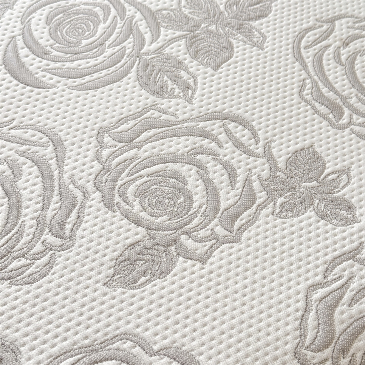 91家纺网 家纺一手货源 找家纺 优贝家纺 2026新款-高克重PE聚乙中分子提花刺绣法式花边复合凉感软席山茶花系列 白茶玫瑰-浅灰