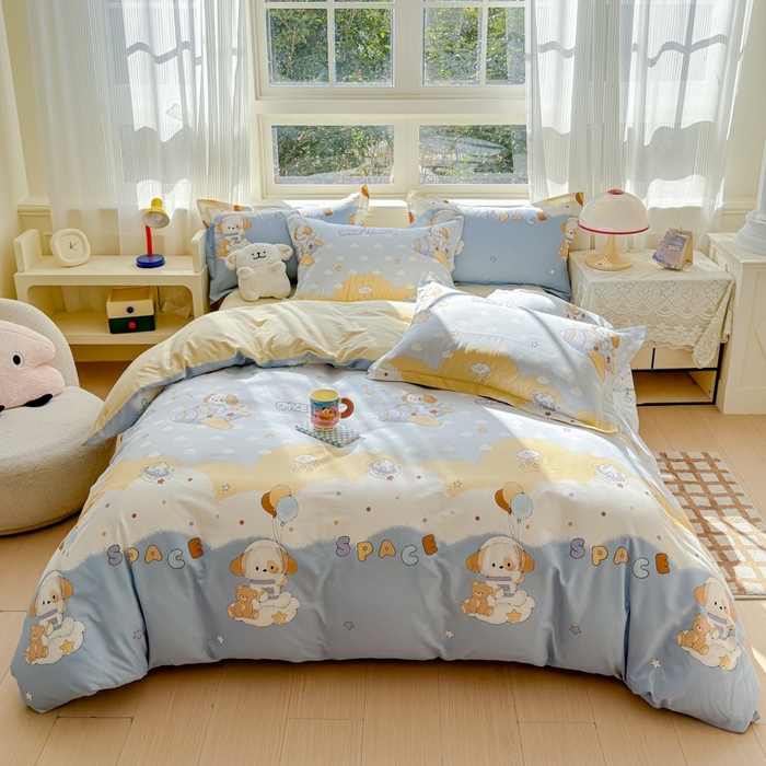 91家纺网 家纺一手货源 找家纺 U品汇 2026新品纯棉全棉印花四件套小清新卡通花卉13070喷气 汪汪宇航记