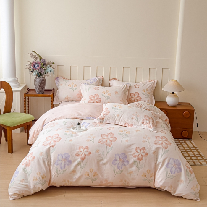 91家纺网 家纺一手货源 找家纺 U品汇 2026新品纯棉全棉印花四件套小清新卡通花卉13070喷气 雾里花眠-粉