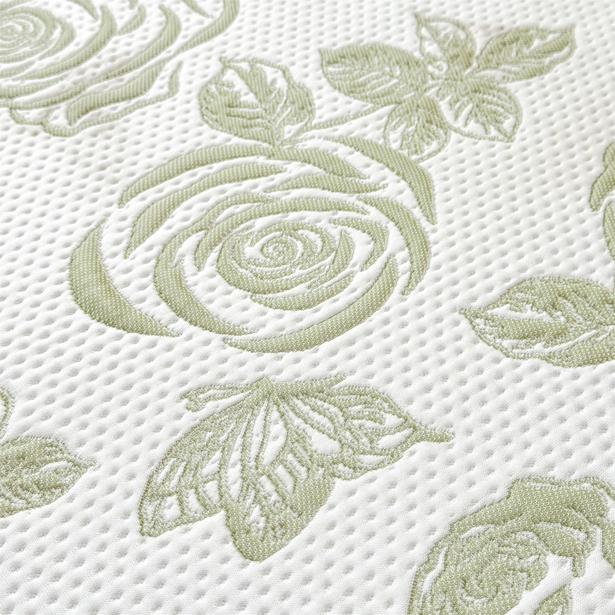 91家纺网 家纺一手货源 找家纺 绒棉世家 2026新款-高克重PE聚乙中分子提花刺绣法式花边复合凉感软席山茶花系列 白茶玫瑰-深绿