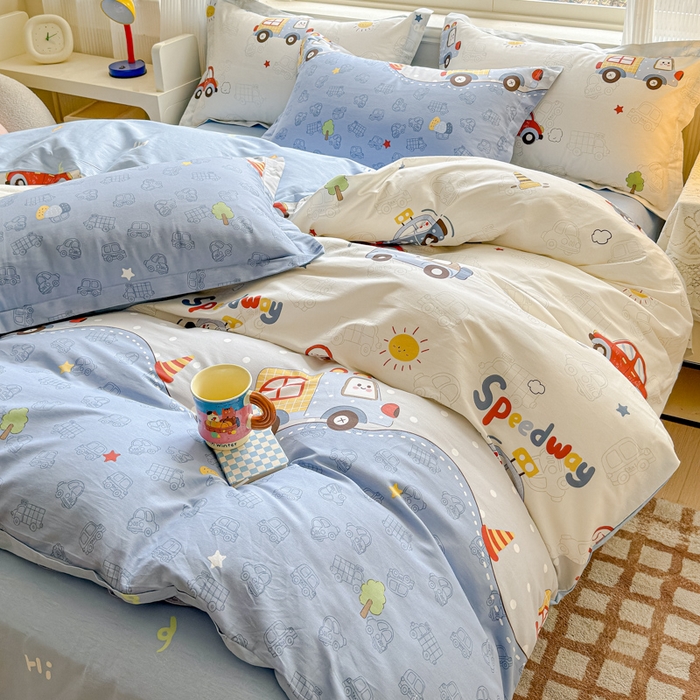 91家纺网 家纺一手货源 找家纺 U品汇 2026新品纯棉全棉印花四件套小清新卡通花卉13070喷气 车车环游记