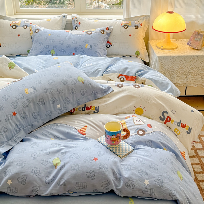 91家纺网 家纺一手货源 找家纺 U品汇 2026新品纯棉全棉印花四件套小清新卡通花卉13070喷气 车车环游记