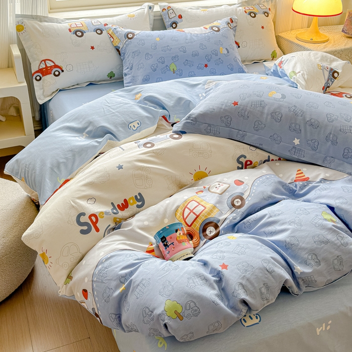 91家纺网 家纺一手货源 找家纺 U品汇 2026新品纯棉全棉印花四件套小清新卡通花卉13070喷气 车车环游记