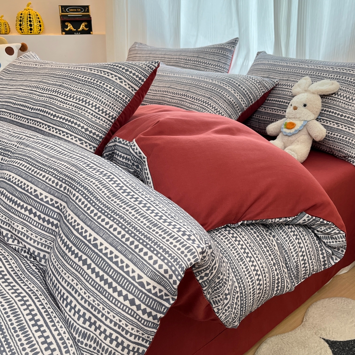 91家纺网 家纺一手货源 找家纺 禾时 2026新款A类波西米亚全棉纯棉双层纱四件套 波西米亚-蓝