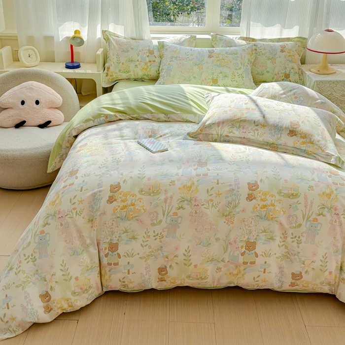 91家纺网 家纺一手货源 找家纺 U品汇 2026新品纯棉全棉印花四件套小清新卡通花卉13070喷气 春游手记