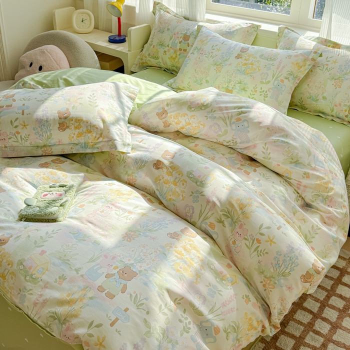 91家纺网 家纺一手货源 找家纺 U品汇 2026新品纯棉全棉印花四件套小清新卡通花卉13070喷气 春游手记