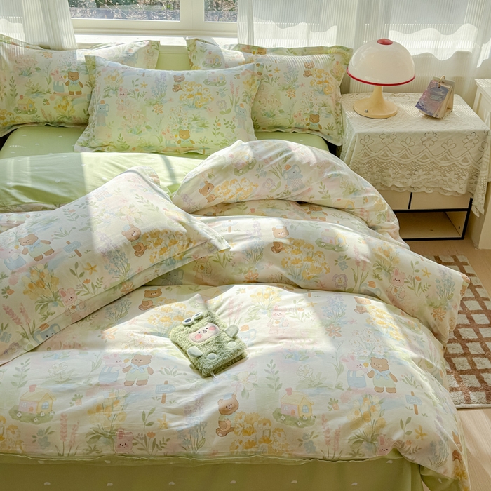 91家纺网 家纺一手货源 找家纺 U品汇 2026新品纯棉全棉印花四件套小清新卡通花卉13070喷气 春游手记