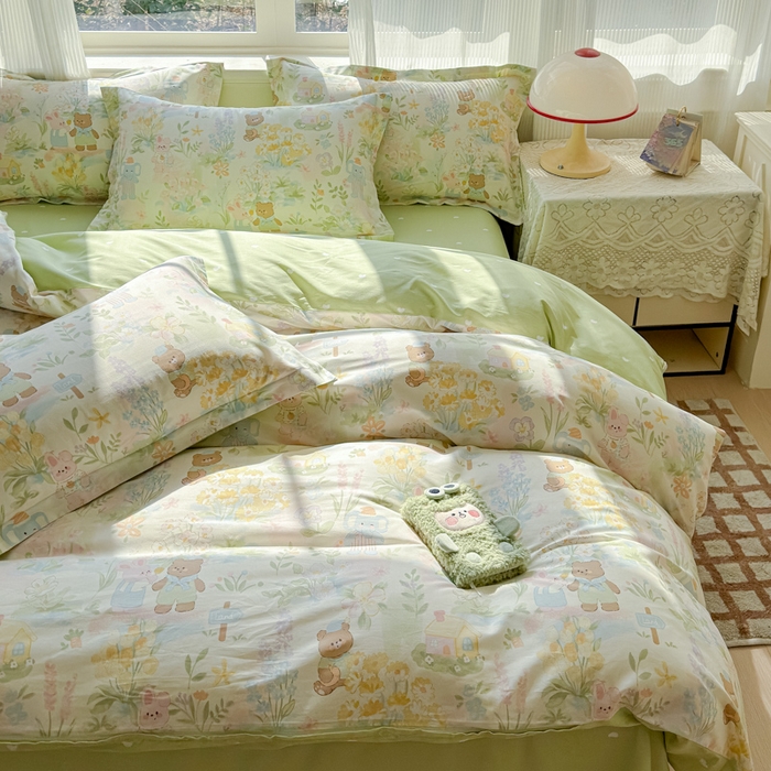 91家纺网 家纺一手货源 找家纺 U品汇 2026新品纯棉全棉印花四件套小清新卡通花卉13070喷气 春游手记