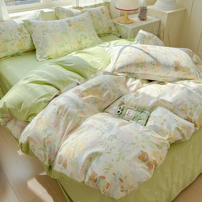 91家纺网 家纺一手货源 找家纺 U品汇 2026新品纯棉全棉印花四件套小清新卡通花卉13070喷气 春游手记