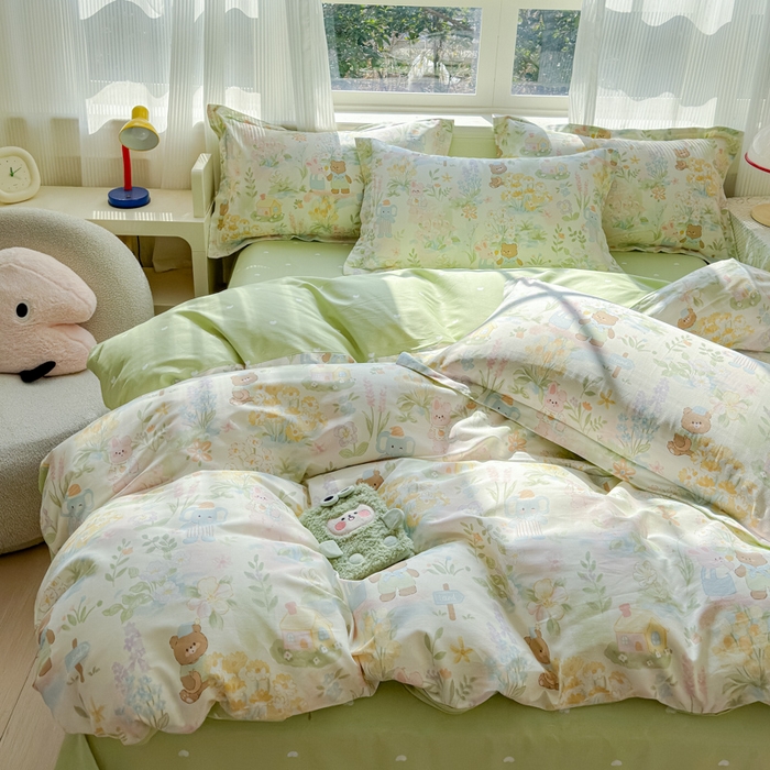 91家纺网 家纺一手货源 找家纺 U品汇 2026新品纯棉全棉印花四件套小清新卡通花卉13070喷气 春游手记