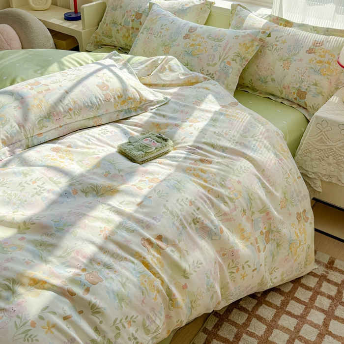 91家纺网 家纺一手货源 找家纺 U品汇 2026新品纯棉全棉印花四件套小清新卡通花卉13070喷气 春游手记