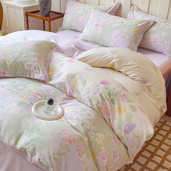 91家纺网 家纺一手货源 找家纺 U品汇 2026新品纯棉全棉印花四件套小清新卡通花卉13070喷气 淡彩花园