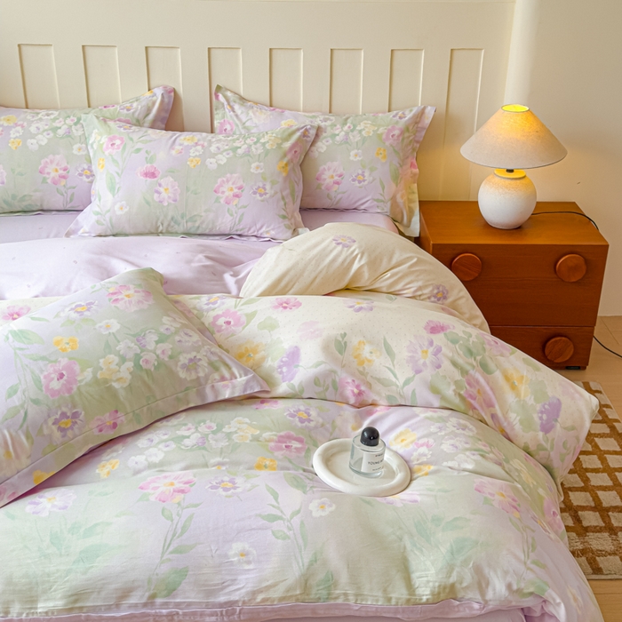 91家纺网 家纺一手货源 找家纺 U品汇 2026新品纯棉全棉印花四件套小清新卡通花卉13070喷气 淡彩花园