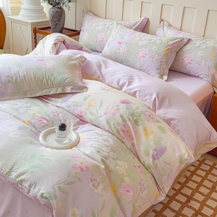 91家纺网 家纺一手货源 找家纺 U品汇 2026新品纯棉全棉印花四件套小清新卡通花卉13070喷气 淡彩花园