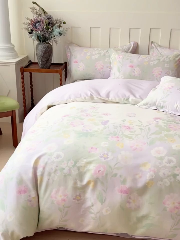 91家纺网 家纺一手货源 找家纺 U品汇 2026新品纯棉全棉印花四件套小清新卡通花卉13070喷气 淡彩花园