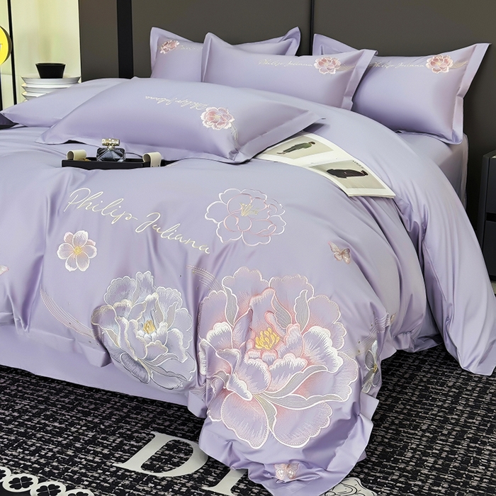 91家纺网 家纺一手货源 找家纺 女子家纺 2026新款A类新款新疆长绒棉澳棉高端全棉纯棉绣花四件套-花富贵 1香芋紫