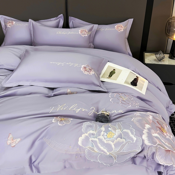 91家纺网 家纺一手货源 找家纺 女子家纺 2026新款A类新款新疆长绒棉澳棉高端全棉纯棉绣花四件套-花富贵 1香芋紫