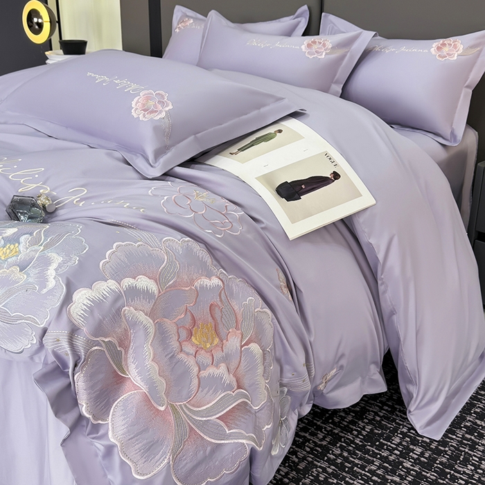 91家纺网 家纺一手货源 找家纺 女子家纺 2026新款A类新款新疆长绒棉澳棉高端全棉纯棉绣花四件套-花富贵 1香芋紫