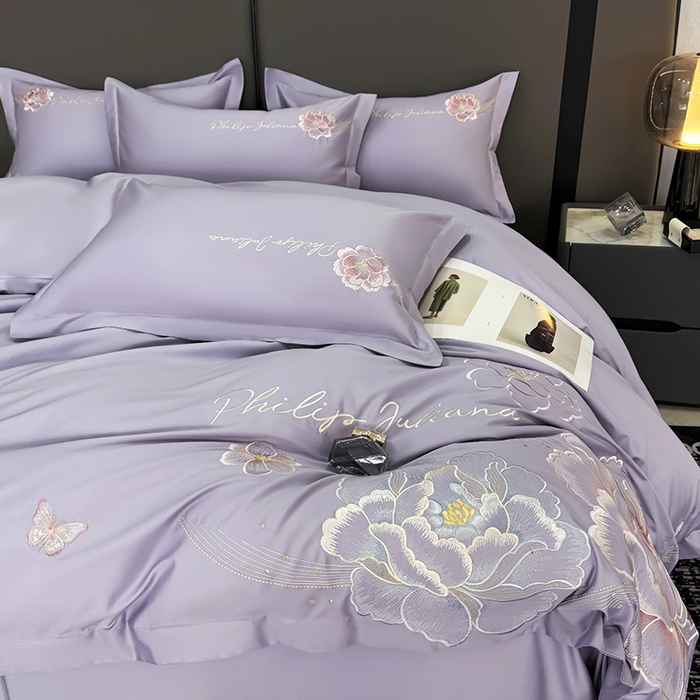 91家纺网 家纺一手货源 找家纺 女子家纺 2026新款A类新款新疆长绒棉澳棉高端全棉纯棉绣花四件套-花富贵 1香芋紫