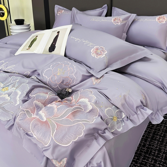 91家纺网 家纺一手货源 找家纺 女子家纺 2026新款A类新款新疆长绒棉澳棉高端全棉纯棉绣花四件套-花富贵 1香芋紫